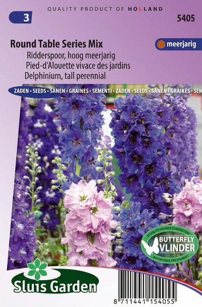 Een zakje Ridderspoor-zaden van Sluis Garden.