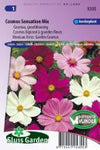Verpakking met zaden van Cosmos Sensation Mix, met roze, witte en donkerroze cosmeabloemen van Sluis Garden.