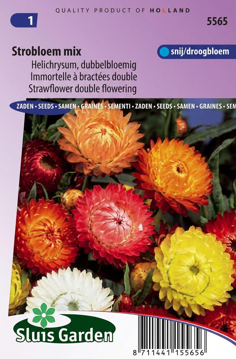 Verpakking zaden voor Strobloem mix van Sluis Garden, met dubbelbloemige strobloemen in rood, oranje, geel, roze en wit.